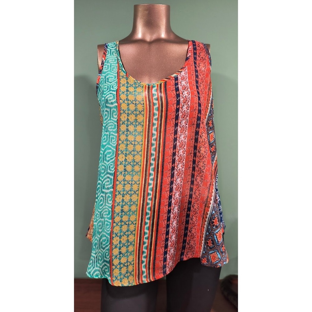Bobeau Womens Mixed Print Sheer Patchwork‎ Tank Top Orange Size S